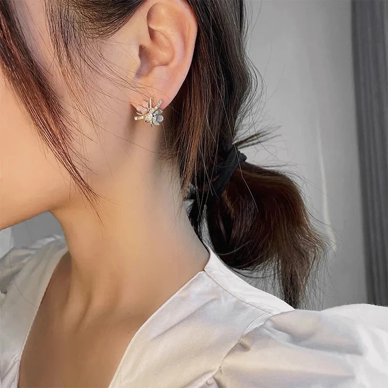 Flytonn-New Korean Trendy Handmade Colorful Sweet Flowers Stud Earrings for Women Shiny Jewelry Fashion Oorbellen Gifts