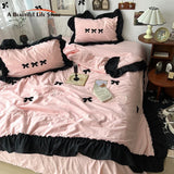 Flytonn-1Pc Korean Style Princess Black Bow Ruffles Summer Quilt Soft Skin-friendly Washed Seersucker Blanket Bedspread 150X200/200X230