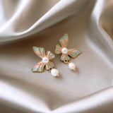 Flytonn-Korean Gradual Enamel Butterfly Freshwater Pearl Clip on Earrings Non Pierced for Women Cute Animal Jewelry Gift Wholesale 2024