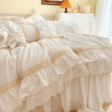 Cifeeo-French Double Layer Ruffles Embroidery Vintage Bedding Set, Cream White, 100% Cotton, Quilt Cover, Bed Skirt, Pillowcases