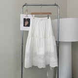 FLYTONN-Solid White Skirt Hook Flower Hollow Cotton Half Umbrella Skirt for Women