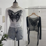 FLYTONN-Summer Date Night Outfit Hot Girl Retro Butterfly See Through Mesh Sunscreen Cardigan For Women Sexy Backless Lace Up Short Long Sleeve Tops Summer Tee