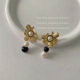 Flytonn-Korean Fashion Sun Flower Pearl Earrings S925 Silver Stud Earrings