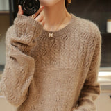 Flytonn-100% pure cardigan women round neck show thin hollow cashmere sweater knitted leggings fall winter loose jumper top