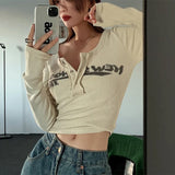 Flytonn-2000s Vintage Letter Print Ribbed T-Shirt Gothic Graphic Retro Korean y2k Crop Top Women Button Up Long Sleeve Tee Streetwear