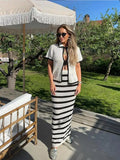 FLYTONN-Women Knitted Hollow Out Stripped Suits Elegant Short Sleeve Cardigans Long Midi Skirt 2pcs Set Summer Vacation Casual Outfits