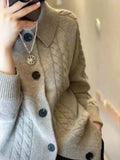 Flytonn-Autumn and winter 100% pure cashmere women's cardigan thick knit Polo lapel knit cardigan women's V-neck loose sweater coat