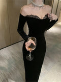 Flytonn-Sexy Bodycon Black Velvet Long Dresses for Women Lace Patchwork Slash Neck Slim Evening Party Dress Prom Robe Vestidos Mujer New