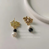 Flytonn-Korean Fashion Sun Flower Pearl Earrings S925 Silver Stud Earrings