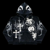 Flytonn-Cross Gothic Dark Style Popular Zipper Cardigan Oversized Hoodies for Women American Rock Harajuku Versatile Couple Sweatshirts