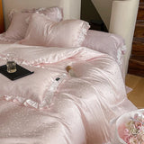 Cifeeo-Pink Natural Lyocell Fibre Soft Silky Princess Bedding Set Jacquard Ruffles Duvet Cover Set Bed Sheet Or Fitted Sheet Pillowcase