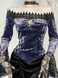 Flytonn Aesthetic Dark Gothic Velvet T-shirt Women Vintage Streetwear Elegant Fairy Lace Patchwork Flare Sleeve Crop Tee Tops