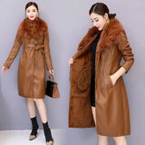 Flytonn-PU Leather Fur Collar Winter Coat Women Solid Adjustable Waist Mid-Length Slim Jacket 2023 New Fashion Lady Casual Warm Outwear