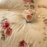 FLYTONN-1000TC Cotton Chic Blooming Rose Flowers Bedding Double Queen King 4Pcs Duvet Cover with zipper Flat/Fitted Sheet Pillowcases