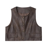 Flytonn-Fall Outfits Women Outwear Streetwear -PU Leather Vest Jacket Distressed Layered Worn Spring 2024 New