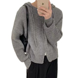 Flytonn-double zipper hooded knitted cashmere cardigan women's autumn winter loose sweater short style hoodie casual wool coat