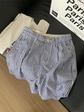 FLYTONN-Blue Striped Boxer Shorts Women's Commuting Fashion Casual Slimming A-line Wide Leg Pants Summer