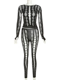 Flytonn Sexy See Through Mesh 2 Pieces Suits Women Streetwear Cyberpunk Mall Gothic Long Sleeve T-shirt High Waist Pants Suits