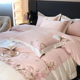 Flytonn-Rose Flowers Embroidery Bedding Set, Pink 600TC Egyptian Cotton, Duvet Cover, Bed Sheet, Fitted Sheet, Pillowcases, Luxury, 4Pcs