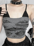 Flytonn Y2k Gothic Grey Camis Women Vintage Aesthetic Streetwear Harajuku Devil Eye Printed Crop Tank Top Emo Alt Rave Outfits