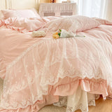 Cifeeo-Pink Romantic French Princess Bedding Set, Lace Ruffles Duvet Cover, Bed Sheet, Bed Skirt, Bedspread, Pillowcases, 100% Cotton