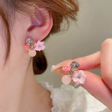 Flytonn-Purple Crystal Flower Stud Earrings for Woman Korean Fashion Jewelry Wedding Party Girl Elegance Set Accessories