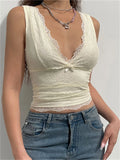 Flytonn-Women Tank Tops with Lace Y2k Cutecore Bow V Neck Skinny Fit Navel Solid Color 2000s Vintage Clothing