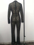 Flytonn Fashion Gauze Jumpsuits Sexy Leopard Print See Through Rompers Casual Basic Long Sleeves Wide Leg Pants Hot Girl Clothing