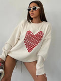 Flytonn-Christmas Thanksgiving Gift New Year's Eve Casual Outfits Simple Heart Printed Chic Round Neck Woman Knitted Sweater Versatile Full Sleeve Casual Pullover 2024 New Lady Commuter Wear