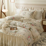 Cifeeo-Pure Cotton Vintage French Pastoral Country Flowers Print Double layer Lace Ruffles Bedding Set Duvet Cover Bed Skirt Pillowcase