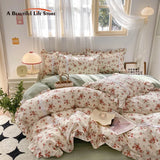 Cifeeo-French Country Small Floral Bedding Set, 100% Cotton, Ruffled Edges, Flower Pattern, Duvet Cover Set, Bed Sheet, Pillowcases