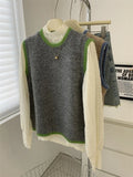 FLYTONN-Striped Trim Contrast Color Round Neck Wool Sweater Vest Gray Khaki Women's Autum  Winter Tank Top Loose Vest