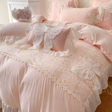 Cifeeo-French Romantic Lace Patchwork Ruffles With Bow Decoration Bedding Set Soft Cozy Pink Girls Duvet Cover Set Bed Sheet Pillowcase