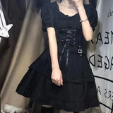 FLYTONN-Japanese Lolita Princess Black Sexy Bad Girl Mini Dress Woman Kawaii High Waist Puff Sleeve Lace Ruffles Party Y2k Streetwear