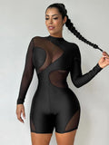 Flytonn Sheer Mesh Patchwork Playsuits Women 2024 Autumn Winter Fashion Rompers Long Sleeve Round Neck Slim Tight Jumpsuit Shorts