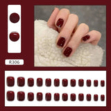 Flytonn- 24Pcs Shiny Short Square False Nail With Sticker Wine Red Classic French Artificial Fake Nails DIY Full Cover Tips Manicure Tool