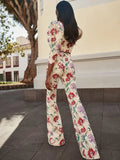 FLYTONN-Women Linen Flower Printed Slit Midi Skirt Suit Elegant Chic Puff Sleeves Backless Crop Top Set 2024 Summer Lady High Streetwear