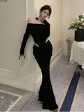 Flytonn-Women Sexy Hollow Out Black Long Dress Spring Autumn Fashion Bodycon Party Prom Runway Robe Female Y2k Streetwear Mujers Clothes