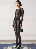 Flytonn Sexy Pearl Chains Backless Jumpsuits Women Lace See Through Long Sleeve Bodycon Party Clubwear Rompers One Piece Overalls