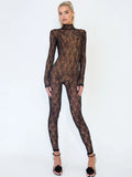 Flytonn Lace Backless Sexy Jumpsuits Women 2025 Fashion Rompers Turtleneck Long Sleeve See Through Nightclub Party Overalls