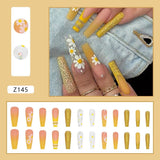 Flytonn- 24Pcs/Box Yellow Daisy Long Ballerina Wearable Fake Nails Press on  Full Cover Detachable Finished Fingernails