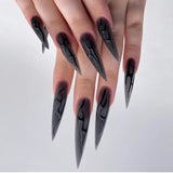 Flytonn-Halloween Nails 24Pcs Halloween Dark French False Nails Long Pointed  Black Wind High Nail Art Fake Nail Stickers For Women and Girls Nail Art