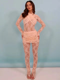 Flytonn Sexy Lace See Through Splice Jumpsuit Set Basics Solid Color Skinny Mini Skirt 2 Pices Set Summer Spicy Girl Set