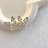 Flytonn-Korean Gradual Enamel Butterfly Freshwater Pearl Clip on Earrings Non Pierced for Women Cute Animal Jewelry Gift Wholesale 2024