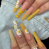 Flytonn- 24Pcs/Box Yellow Daisy Long Ballerina Wearable Fake Nails Press on  Full Cover Detachable Finished Fingernails