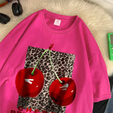 Flytonn-Cherry perfection T Shirt Women Leopard Prints Oversize Cotton T-Shirts Casual O-Neck Short Sleeve Tops Summer Woman Clothes