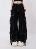 Flytonn-Aesthetic fashion white line black design high waisted jeans women 2024 autumn and winter hip-hop high street casual cargo pants