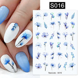 Flytonn Harunouta Pink Flowers 3DNail Stickers White Flower Green Leaf Geometric Line Gold Bronzing Sliders Spring Floral Nail Decoratio