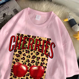 Flytonn-Cherries Cotton T Shirts Women Cherry Leopard Prints Oversized T-Shirts Casual O-Neck Short Sleeve Tops Summer Woman Clothes