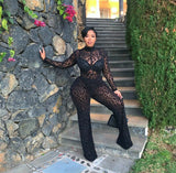 Flytonn Fashion Gauze Jumpsuits Sexy Leopard Print See Through Rompers Casual Basic Long Sleeves Wide Leg Pants Hot Girl Clothing